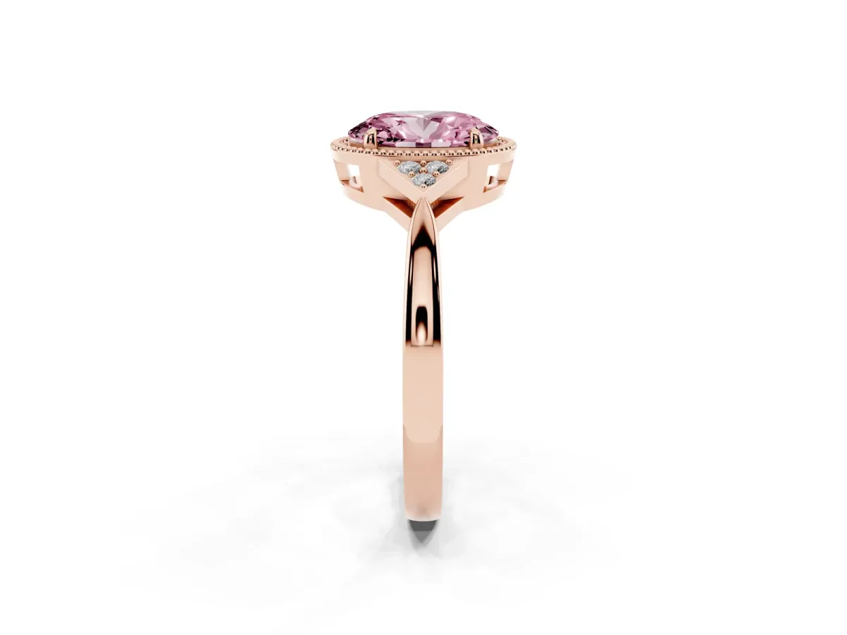 Fancy Pink Hexagonal Halo Oval Cut Diamond Solitaire with Pavé Band and Four-Prong Setting Rose gold