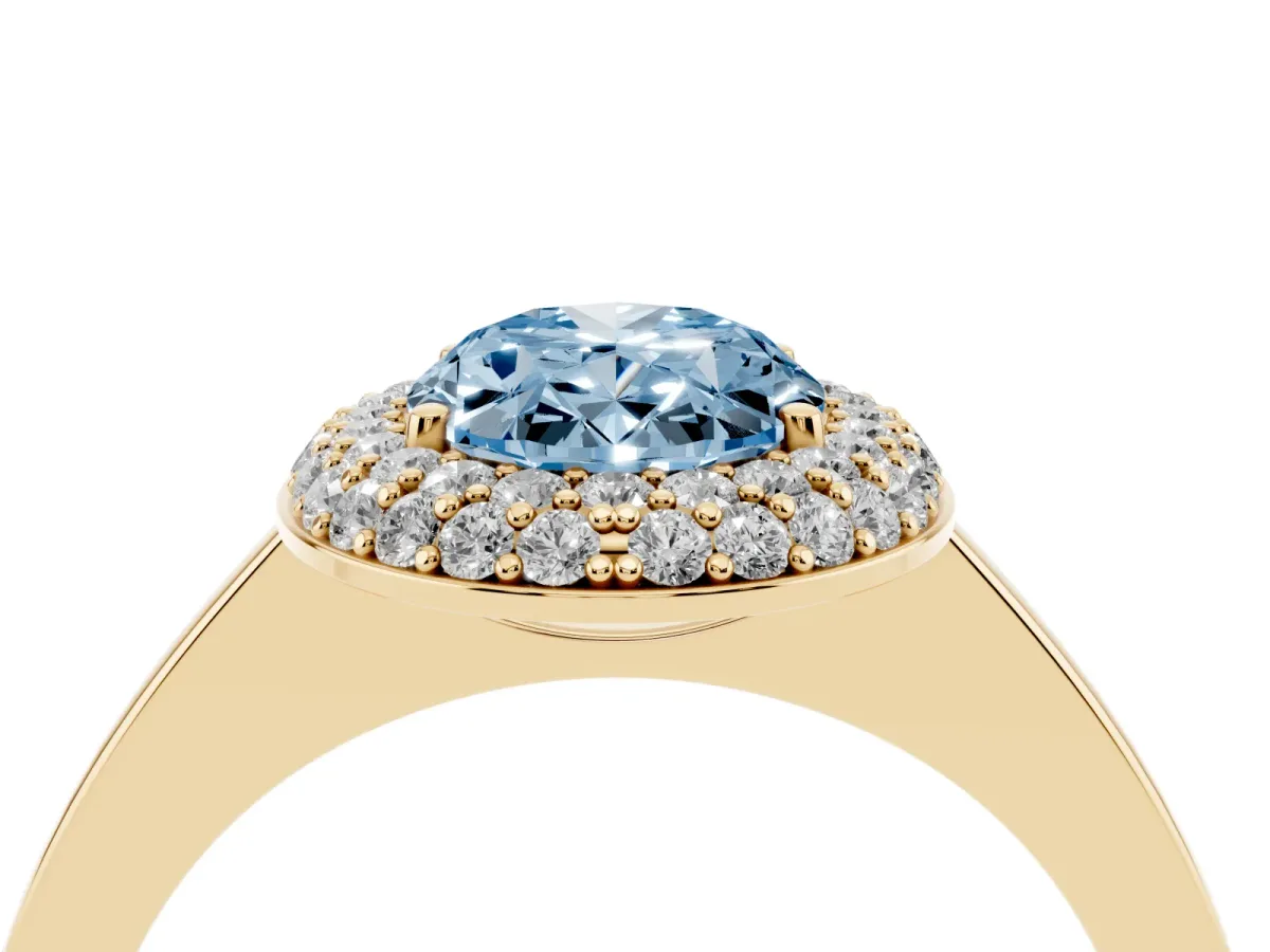 Fancy Blue Oval Cut Halo Diamond Engagement Ring with Solitaire Band and Four-Prong Setting Yellow gold