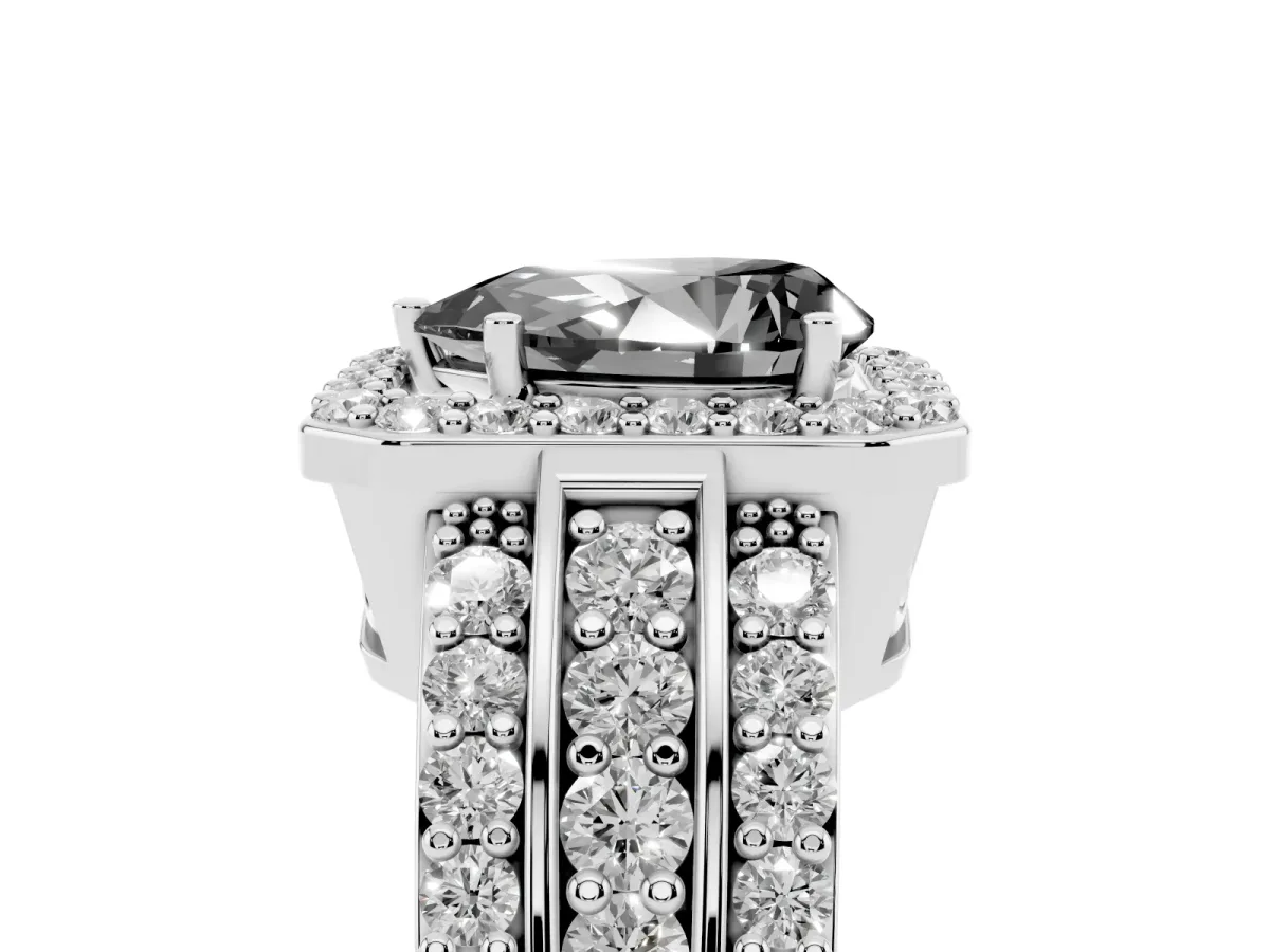 Fancy Black Pear Cut Halo Diamond Ring with Round Split Shank and Prong Setting Platinum