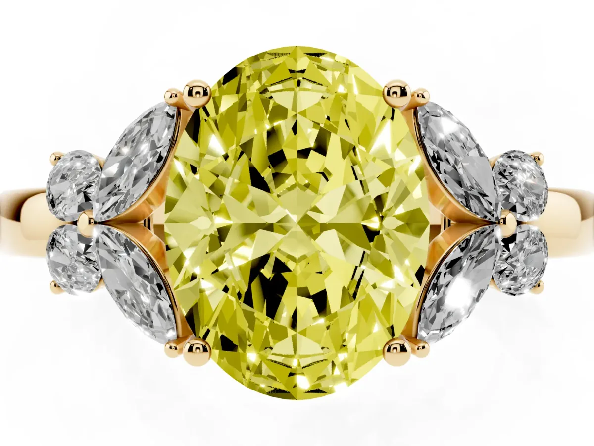 Fancy Yellow Oval Cut Cut Solitaire Floral Diamond Ring with Four-Prong Setting Yellow gold