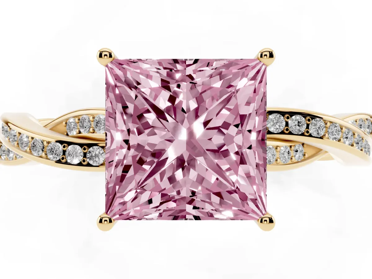 Fancy Pink Princess Cut Solitaire Twisted Pave Diamond Ring with Four-Prong Setting Yellow gold