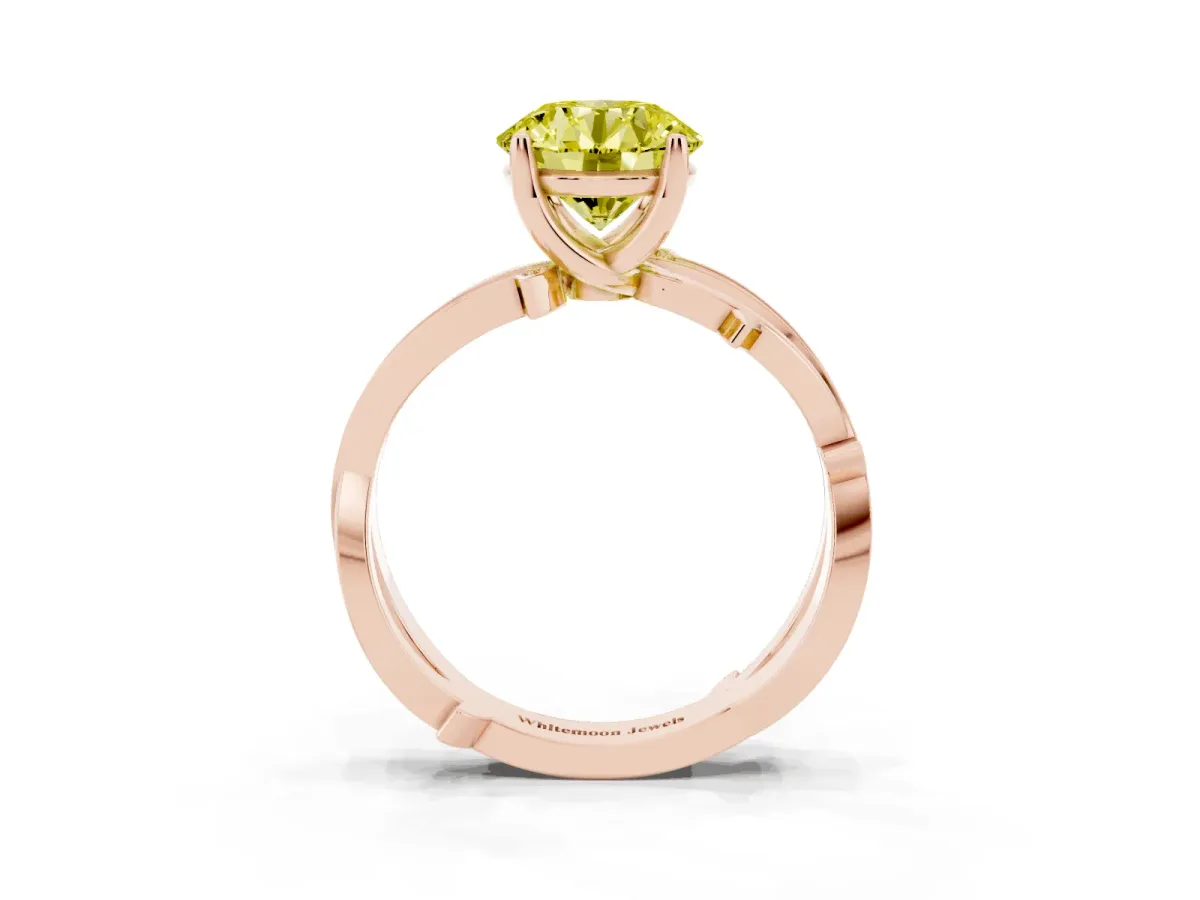 Fancy Yellow Round Cut Solitaire Twist Band with Pavé Accents and Four-Prong Setting Rose gold