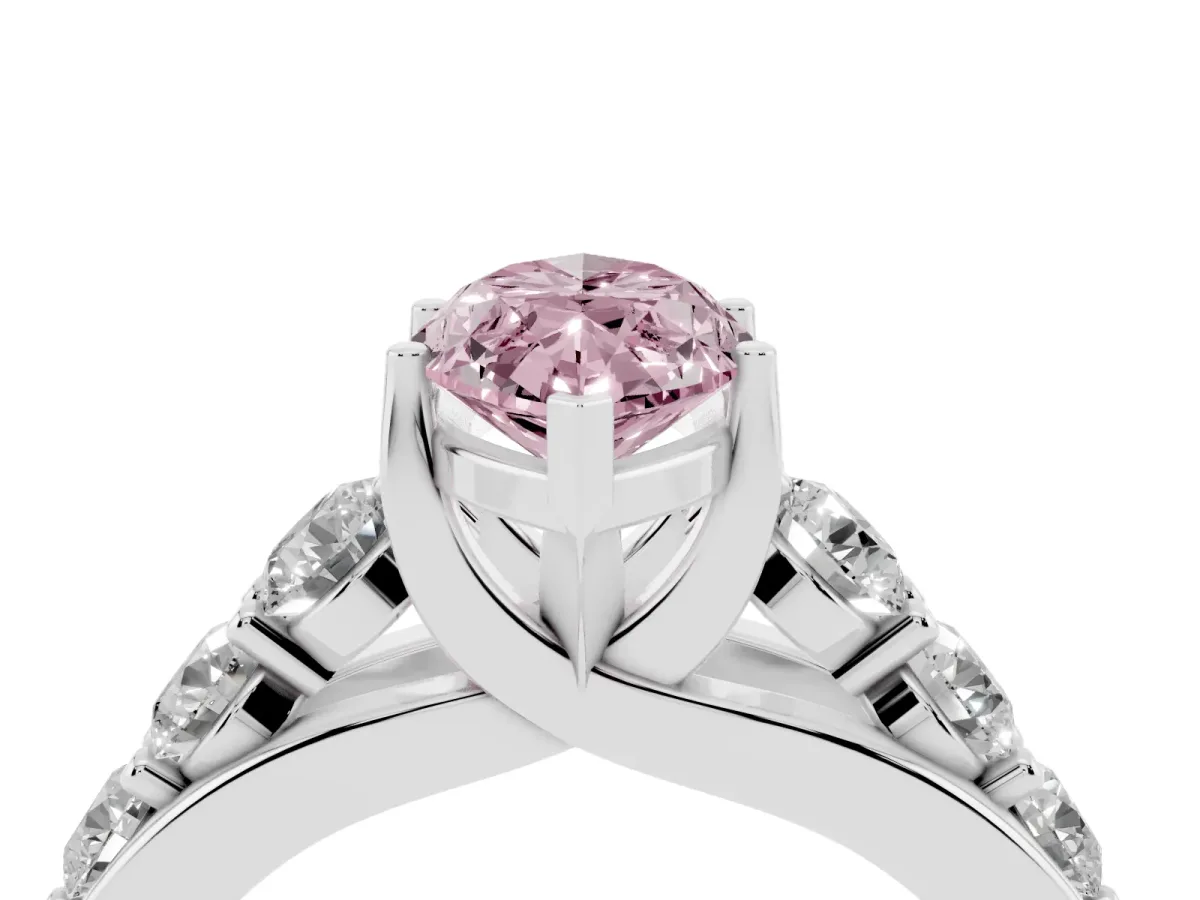 Fancy Pink Marquise Cut Diamond Engagement Ring with Pavé Band and Four-Prong Setting Silver