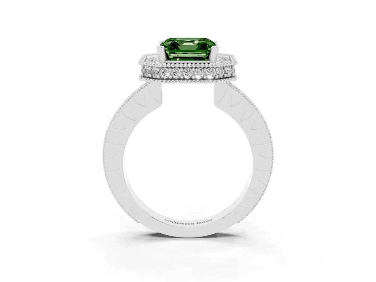 Fancy Green Asscher Cut Diamond Milgrain Halo Engagement Ring with Round Pavé Band and Prong Setting Platinum