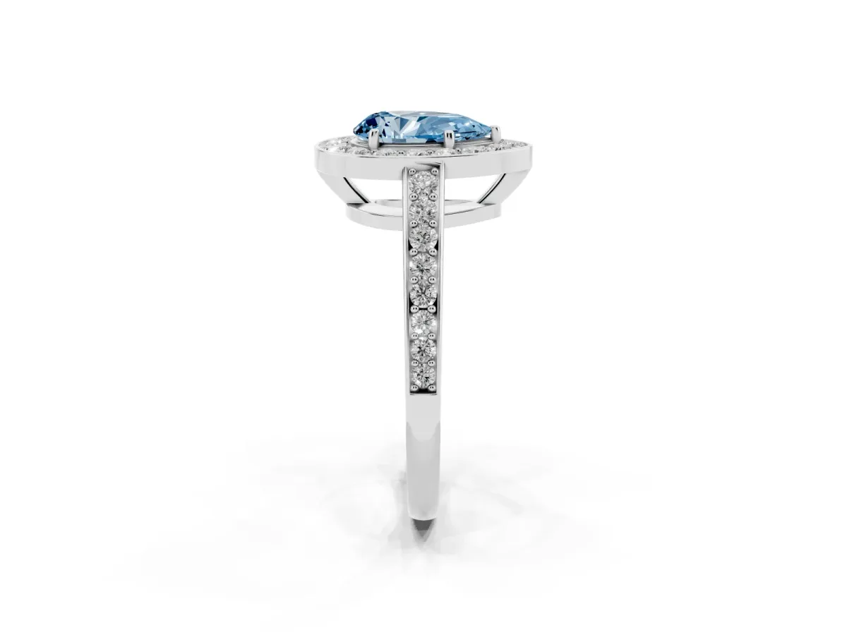 Fancy Blue Pear Cut Halo Pavé Diamond Engagement Ring with Bezel Setting Platinum