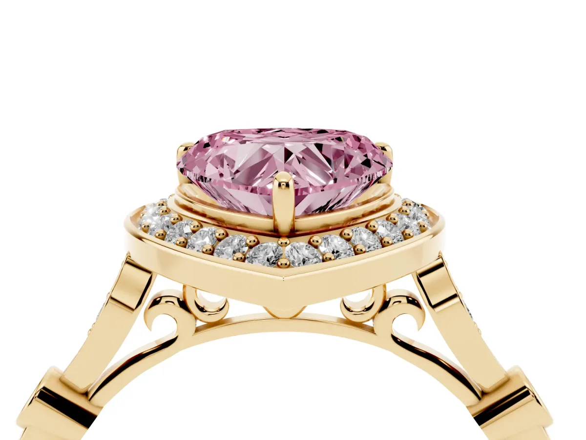 Fancy Pink Heart Cut Halo Diamond Engagement Ring with Twisted Band and Four-Prong Setting Yellow gold