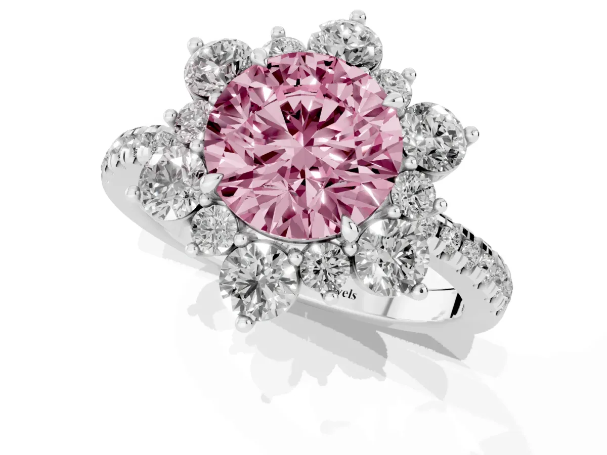 Fancy Pink Round Cut Diamond Floral Halo Ring with Round Pavé Band and Prong Setting Platinum