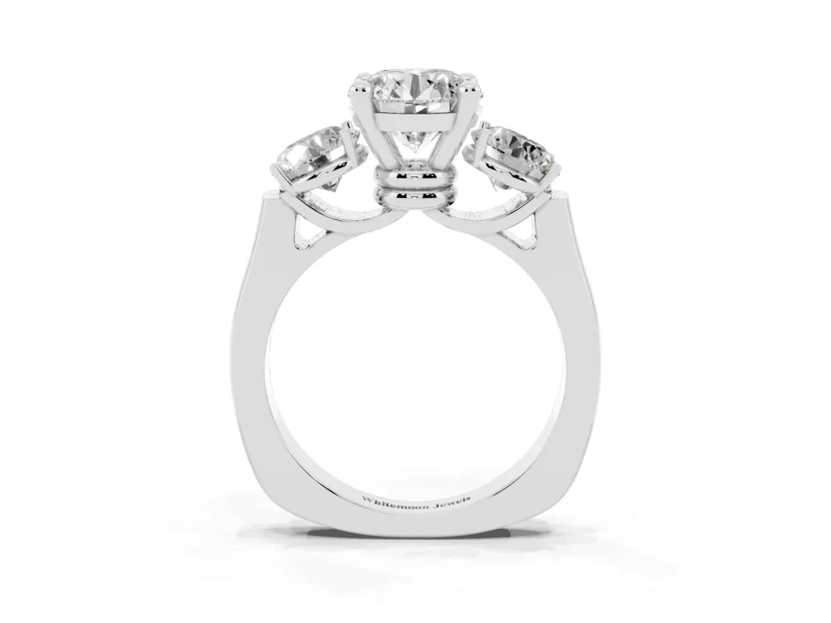 Three-Stone Round Cut Brilliant Diamond Trellis Ring with Comfort Fit Band White gold