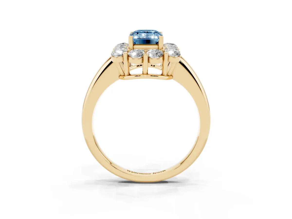 Fancy Blue Emerald Cut Halo Cluster Diamond Engagement Ring with Prong Setting and Polished Band Yellow gold