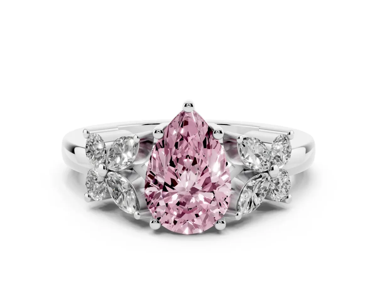 Fancy Pink Pear Cut Diamond Floral Cluster Ring with Solitaire Band and Prong Setting White gold