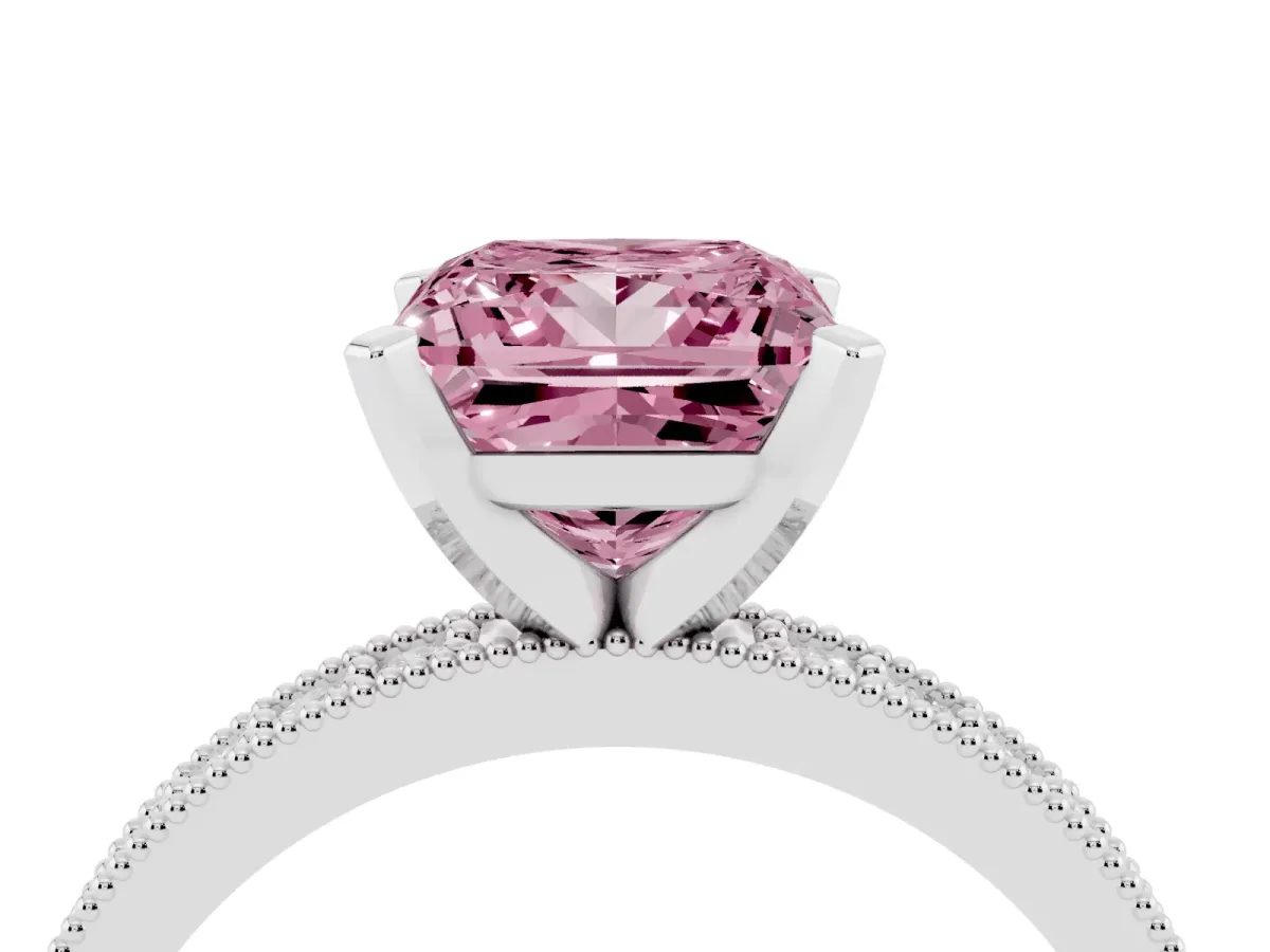 Fancy Pink Princess Cut Diamond Milgrain Pavé Engagement Ring with Four-Prong Setting Silver
