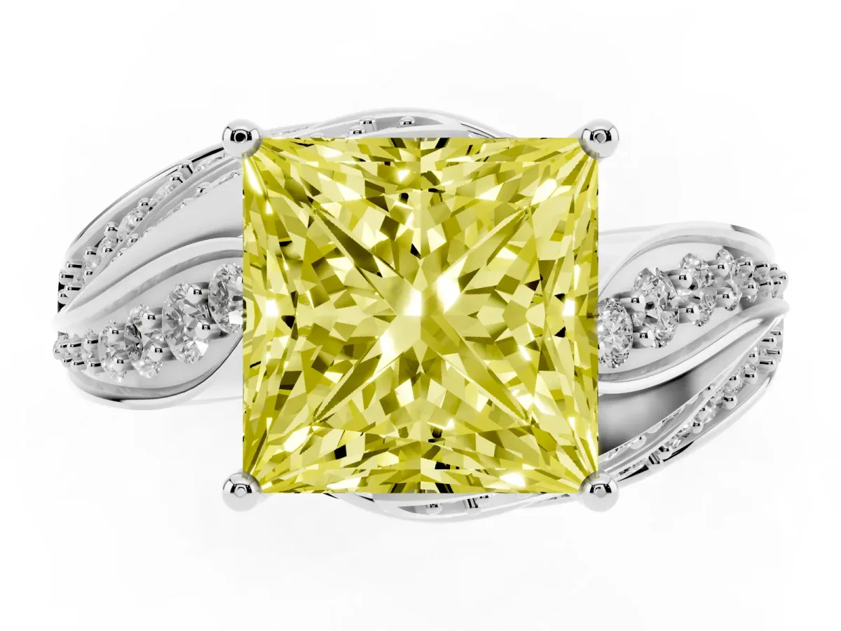 Fancy Yellow Princess Cut Diamond Solitaire Ring with Prong Setting and Twisted Pavé Band White gold