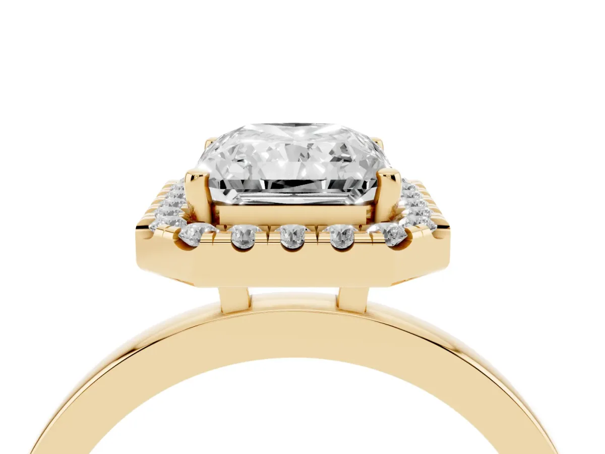 Radiant Cut Halo Diamond Solitaire with Pavé Band and Four-Prong Setting Yellow gold