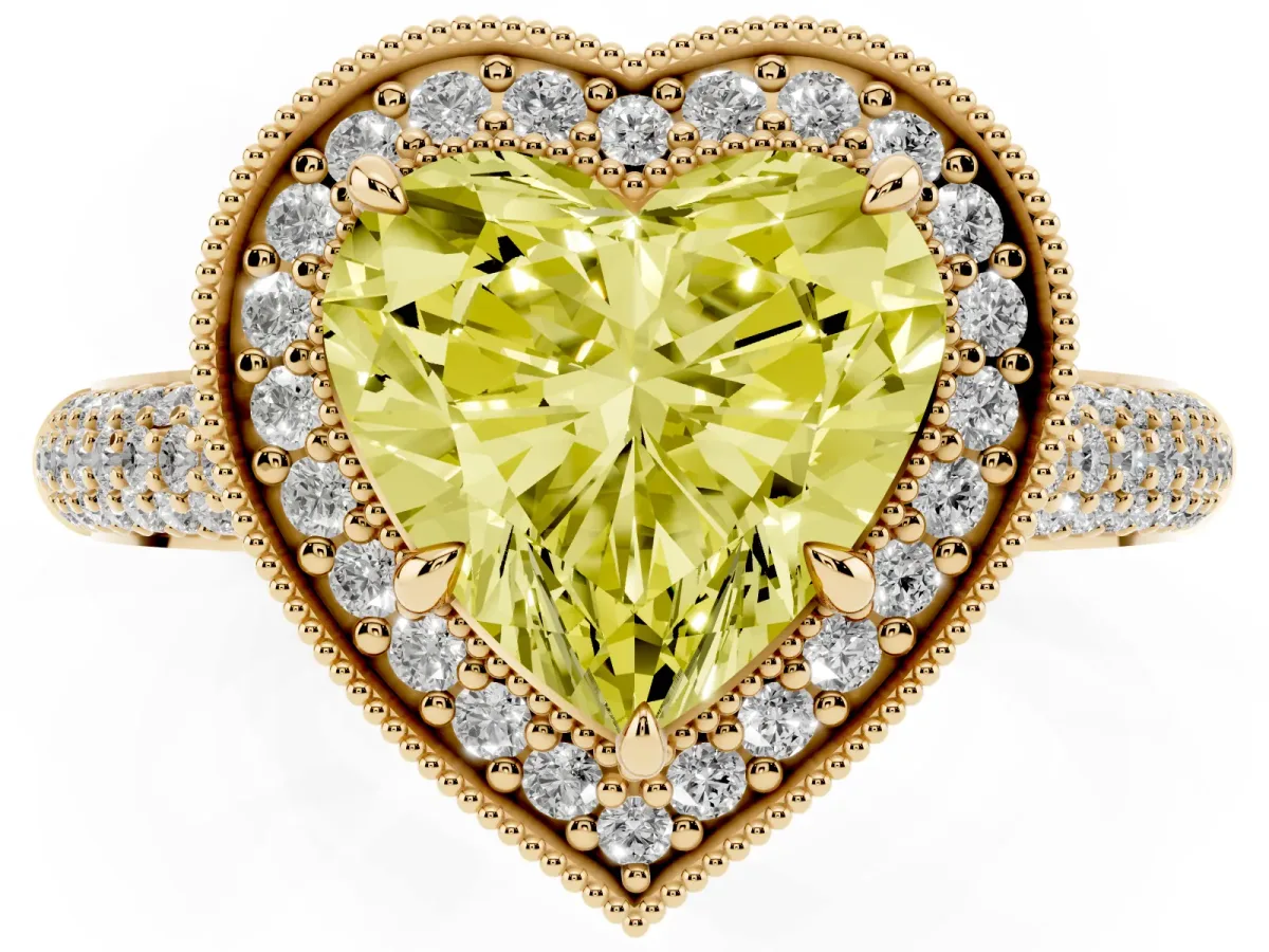 Fancy Yellow Heart Cut Cut Halo Diamond Pave Band with Four-Prong Setting Yellow gold