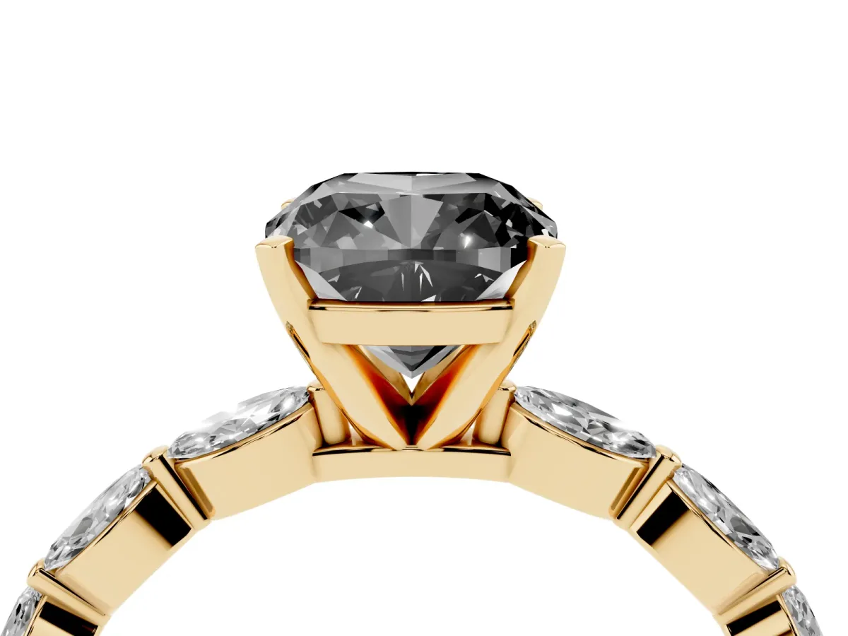 Fancy Black Cushion Cut Diamond Ring with Marquise Side Stones and Prong Setting Yellow gold