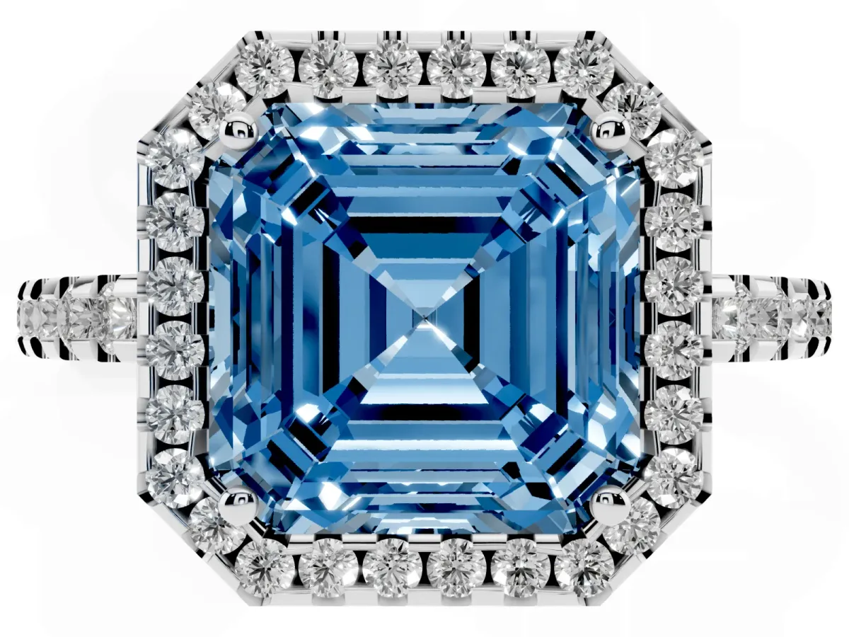 Fancy Blue Asscher Cut Diamond Halo Engagement Ring with Pavé Band and Prong Setting Platinum
