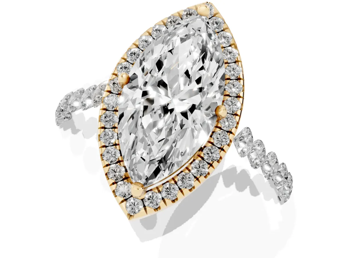 Marquise Cut Halo Pavé Diamond Engagement Ring with Four-Prong Setting Yellow gold