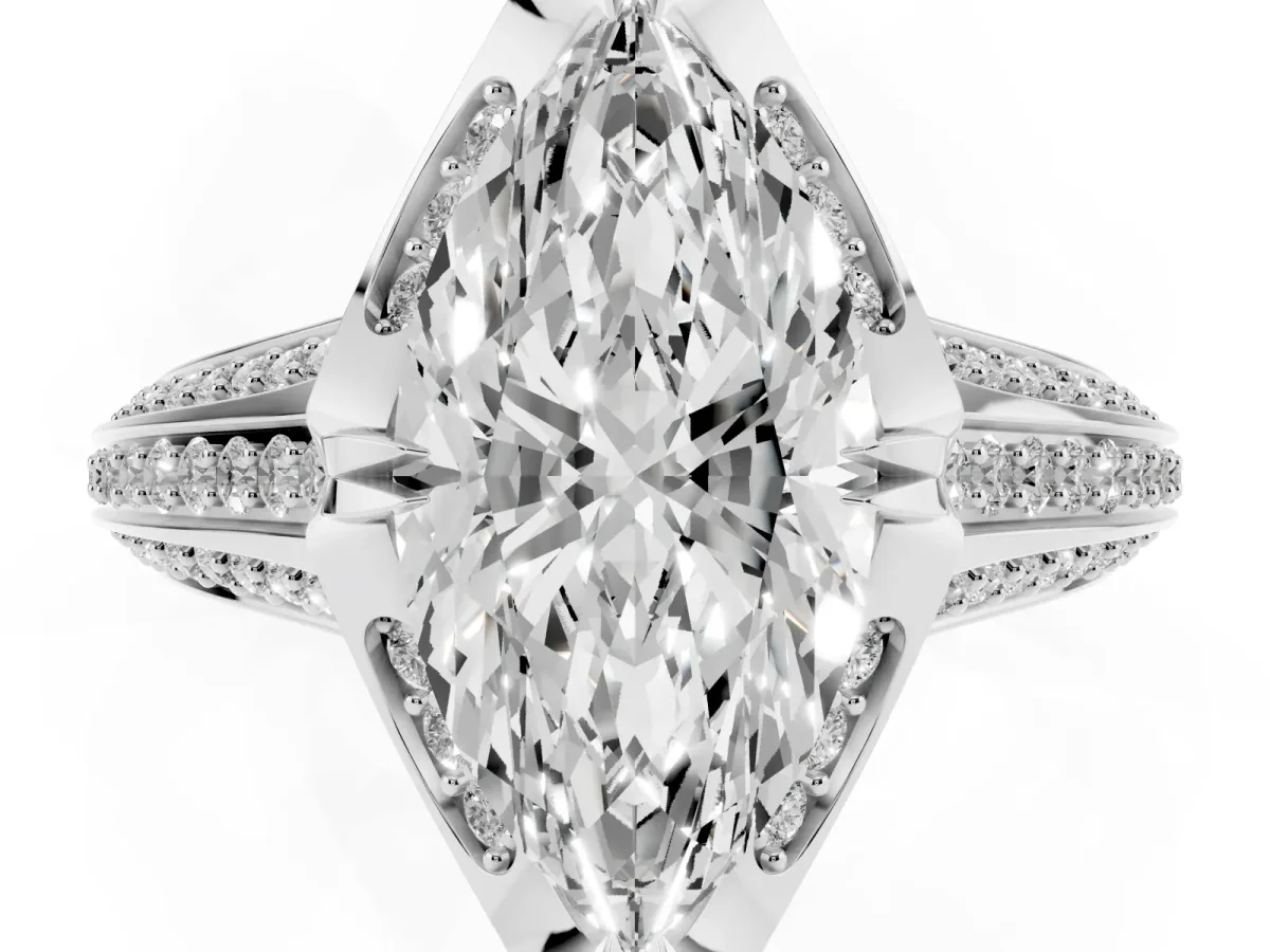 Marquise Cut Solitaire Pave Split Shank Ring with Four-Prong Setting White gold