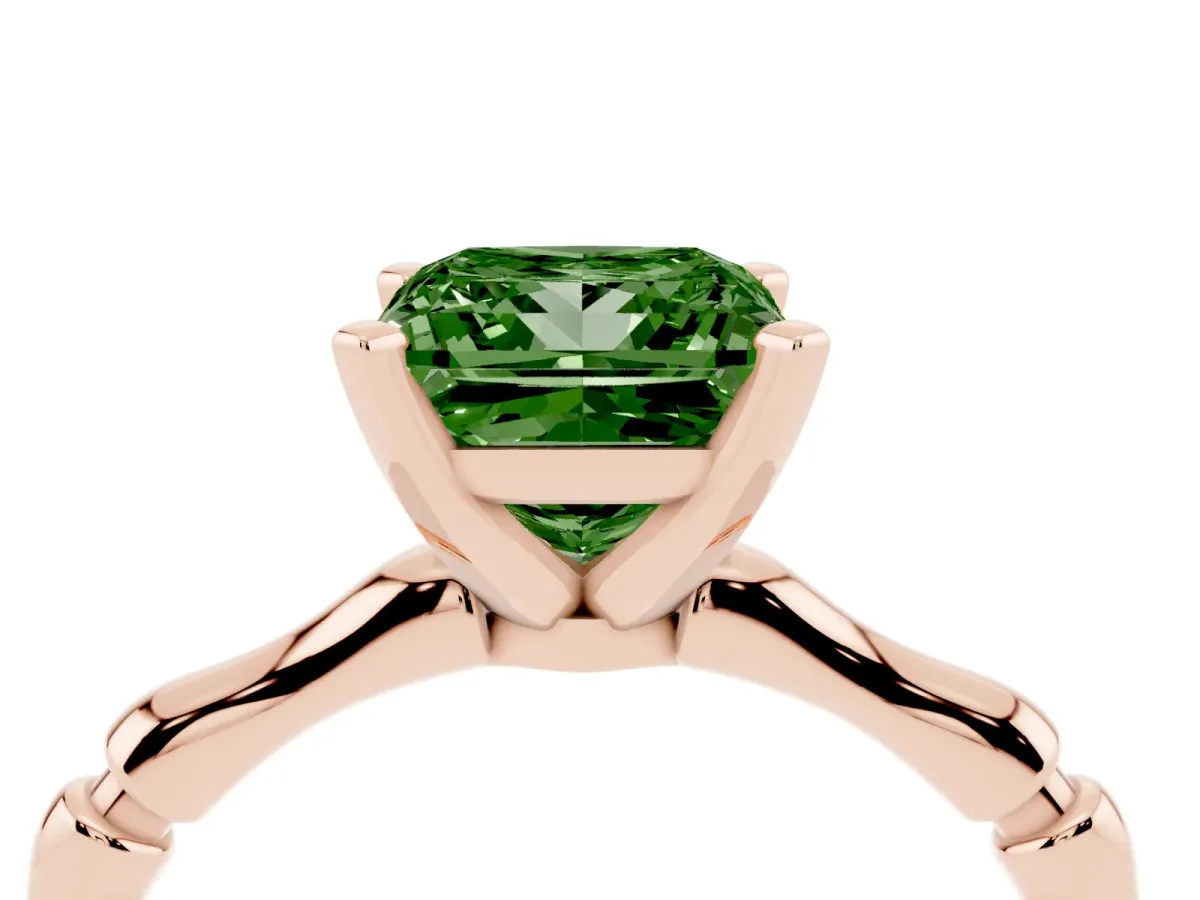 Fancy Green Princess Cut Solitaire Diamond Ring with Bamboo Band and Four-Prong Setting Rose gold