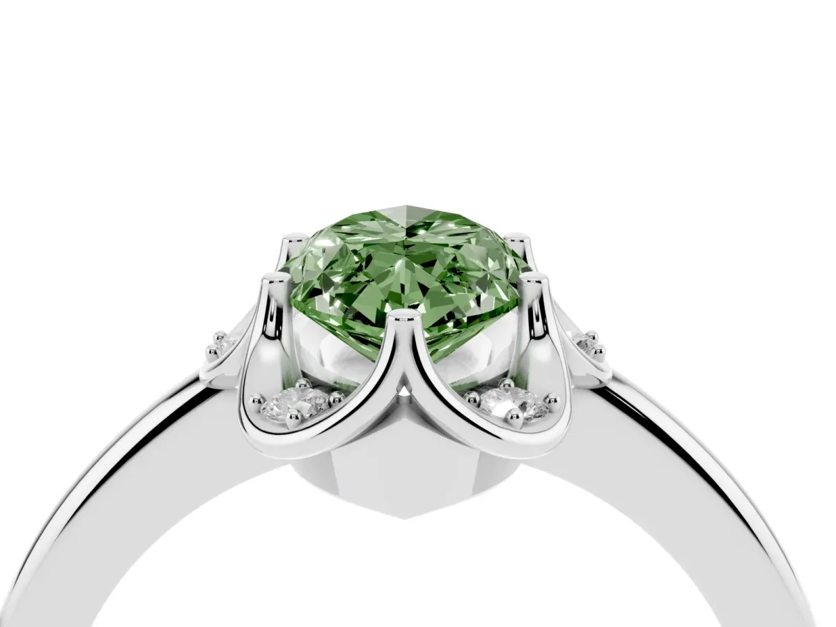Fancy Green Marquise Cut Halo Diamond Ring with Round Cluster Setting, Solitaire Band, and Four-Prong Setting Silver