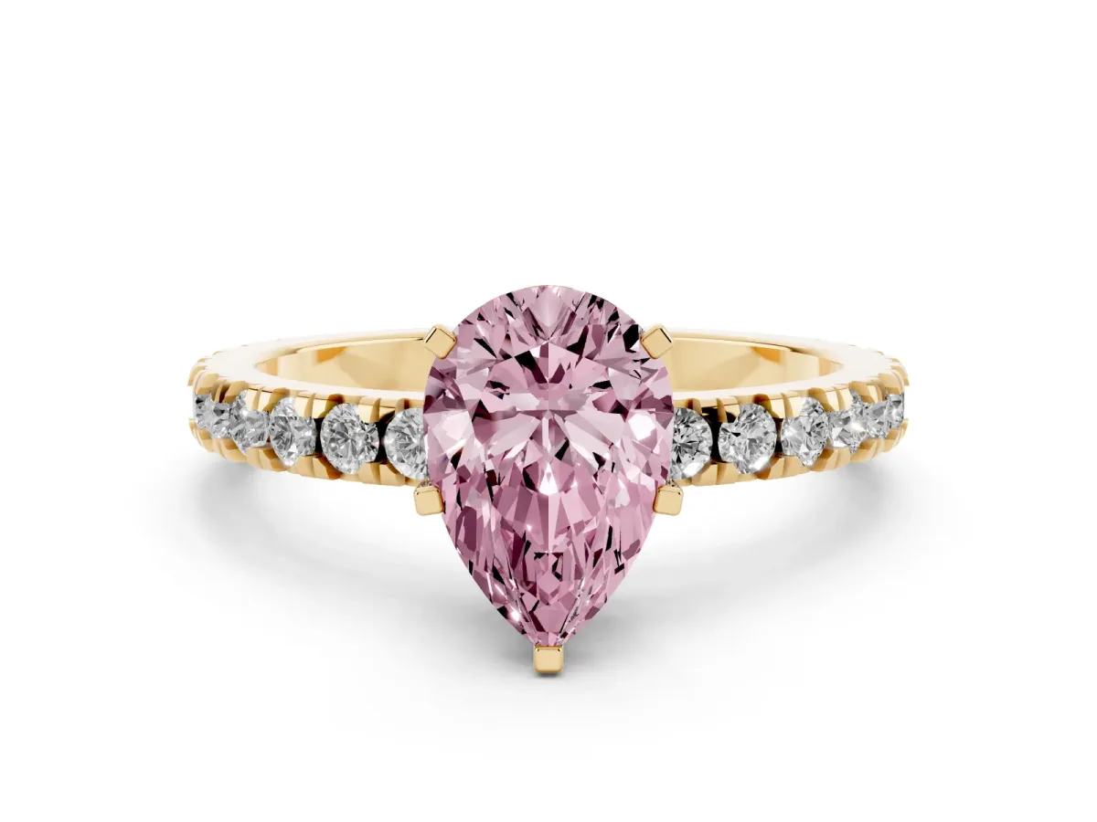 Fancy Pink Pear Cut Diamond Pavé Band Solitaire with Four-Prong Setting Yellow gold
