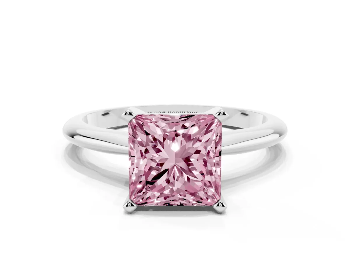 Fancy Pink Princess Cut Cut Solitaire Ring with Four-Prong Setting on a Classic Band Silver