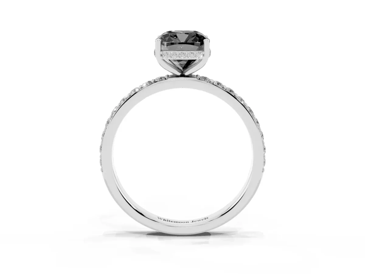 Fancy Black Cushion Cut Diamond Solitaire Ring with Pavé Band and Hidden Halo Silver