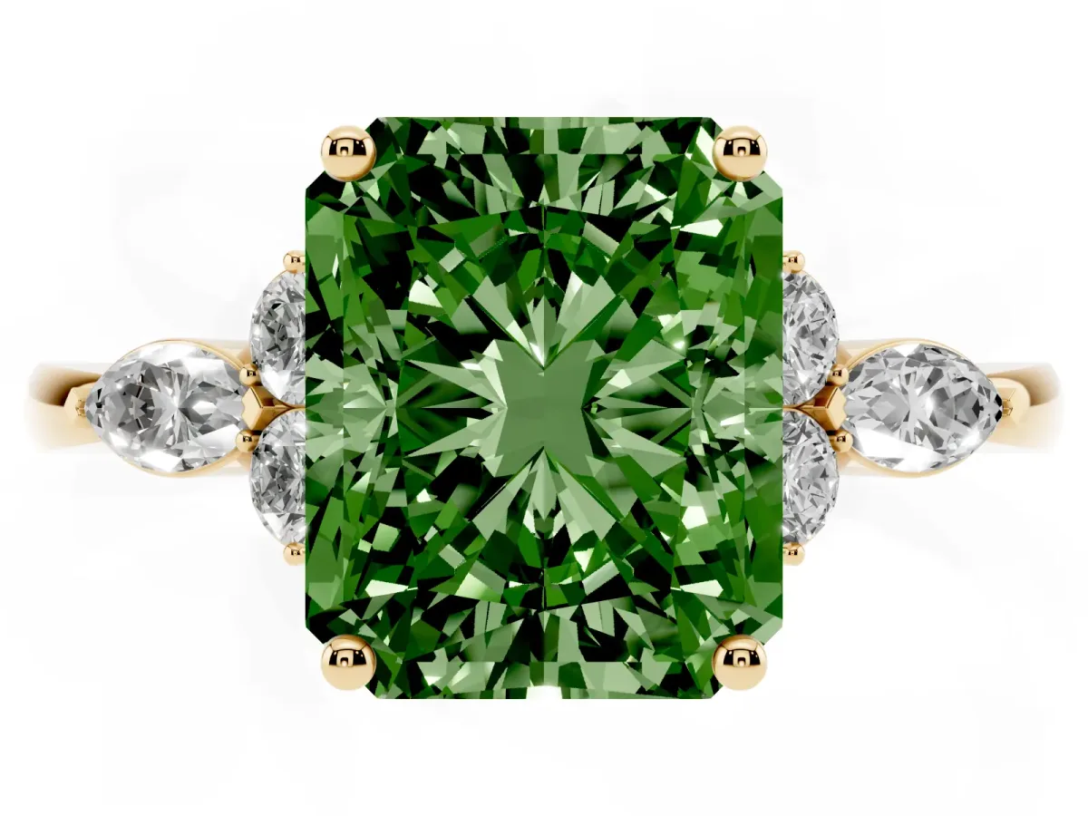 Fancy Green Radiant Cut Brilliant Diamond Solitaire Ring with Pear Side Stones and Four-Prong Setting Yellow gold
