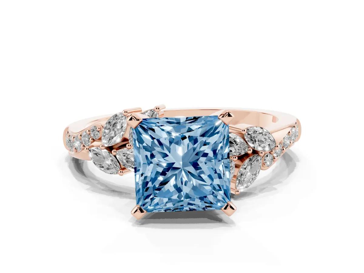 Fancy Blue Princess Cut Solitaire Marquise Twist Band with Six-Prong Setting Rose gold