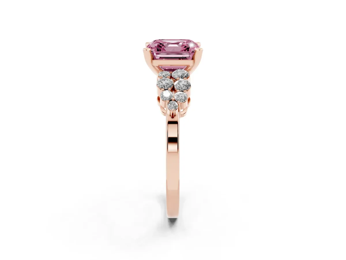 Fancy Pink Asscher Cut Cluster Diamond Engagement Ring with Pavé Band and Four-Prong Setting Rose gold