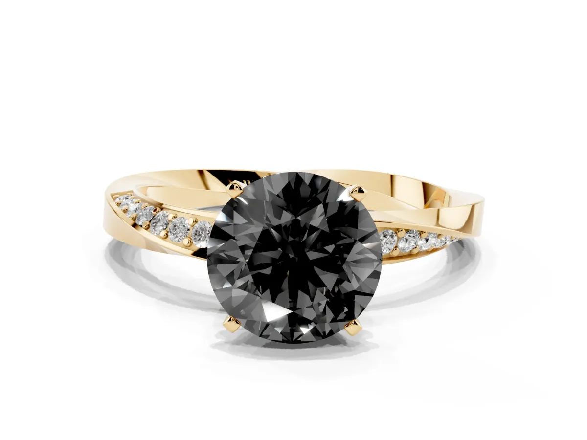 Fancy Black Round Cut Diamond Engagement Ring with Side Stone Accents and Four-Prong Setting Yellow gold