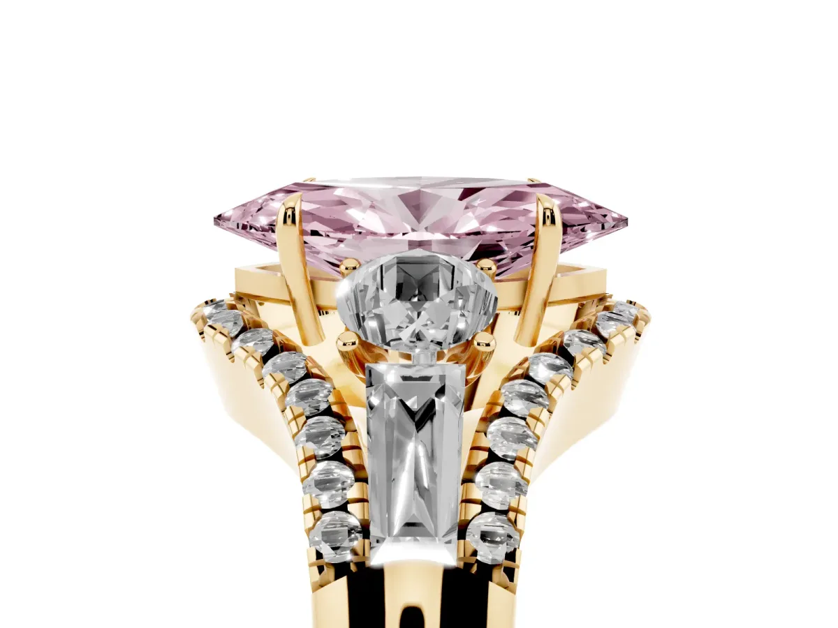 Fancy Pink Three-Stone Marquise Cut Diamond Engagement Ring with Pave Band and Prong Setting Yellow gold