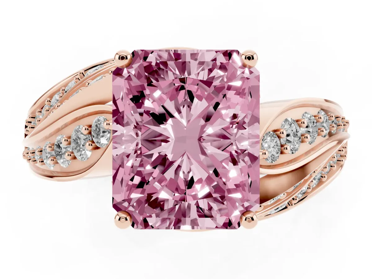 Fancy Pink Radiant Cut Diamond Solitaire Ring with Prong Setting and Twisted Pavé Band Rose gold