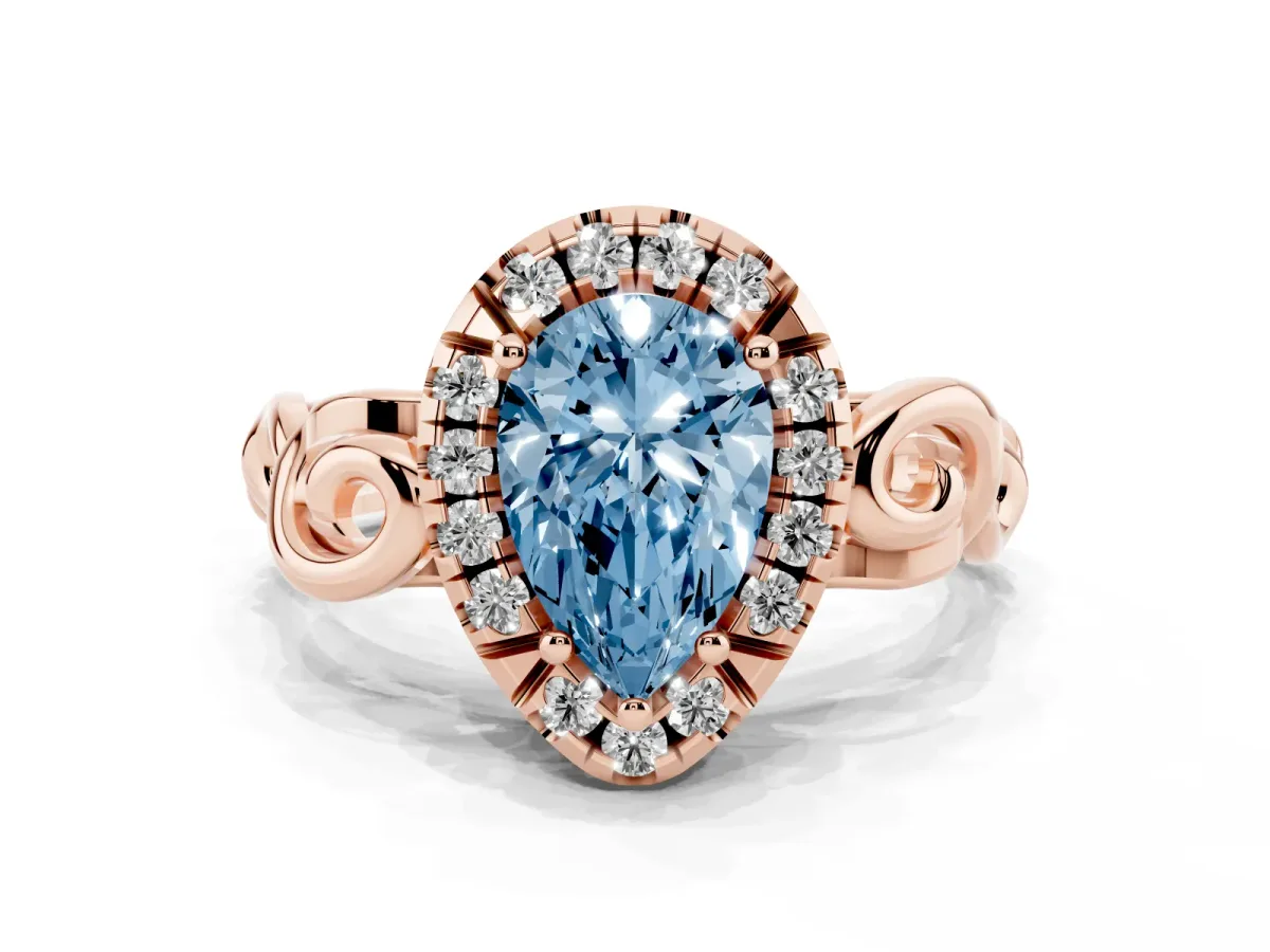Fancy Blue Pear Cut Cut Halo Diamond Ring with Scrollwork Band and Four-Prong Setting Rose gold