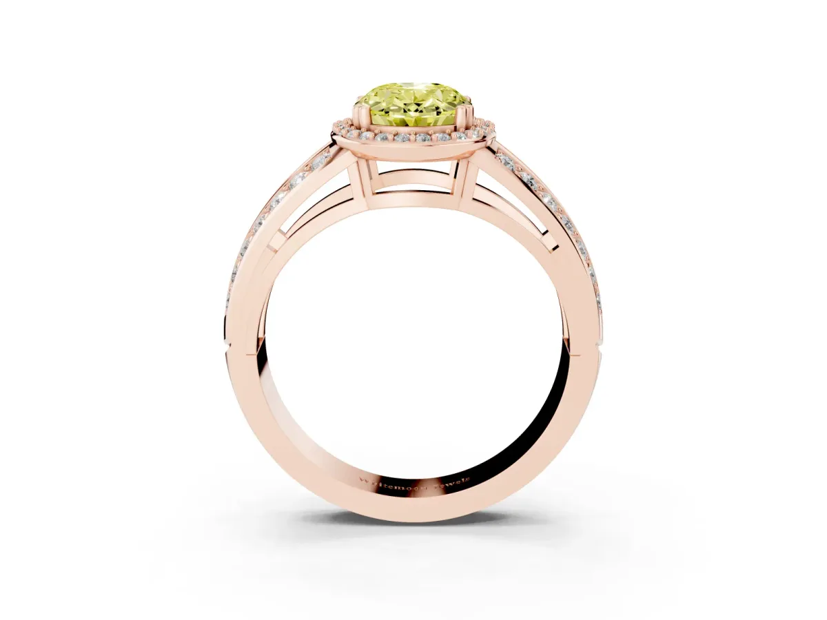 Fancy Yellow Oval Cut Diamond Halo Ring with Split Shank Pavé Band and Four-Prong Setting Rose gold