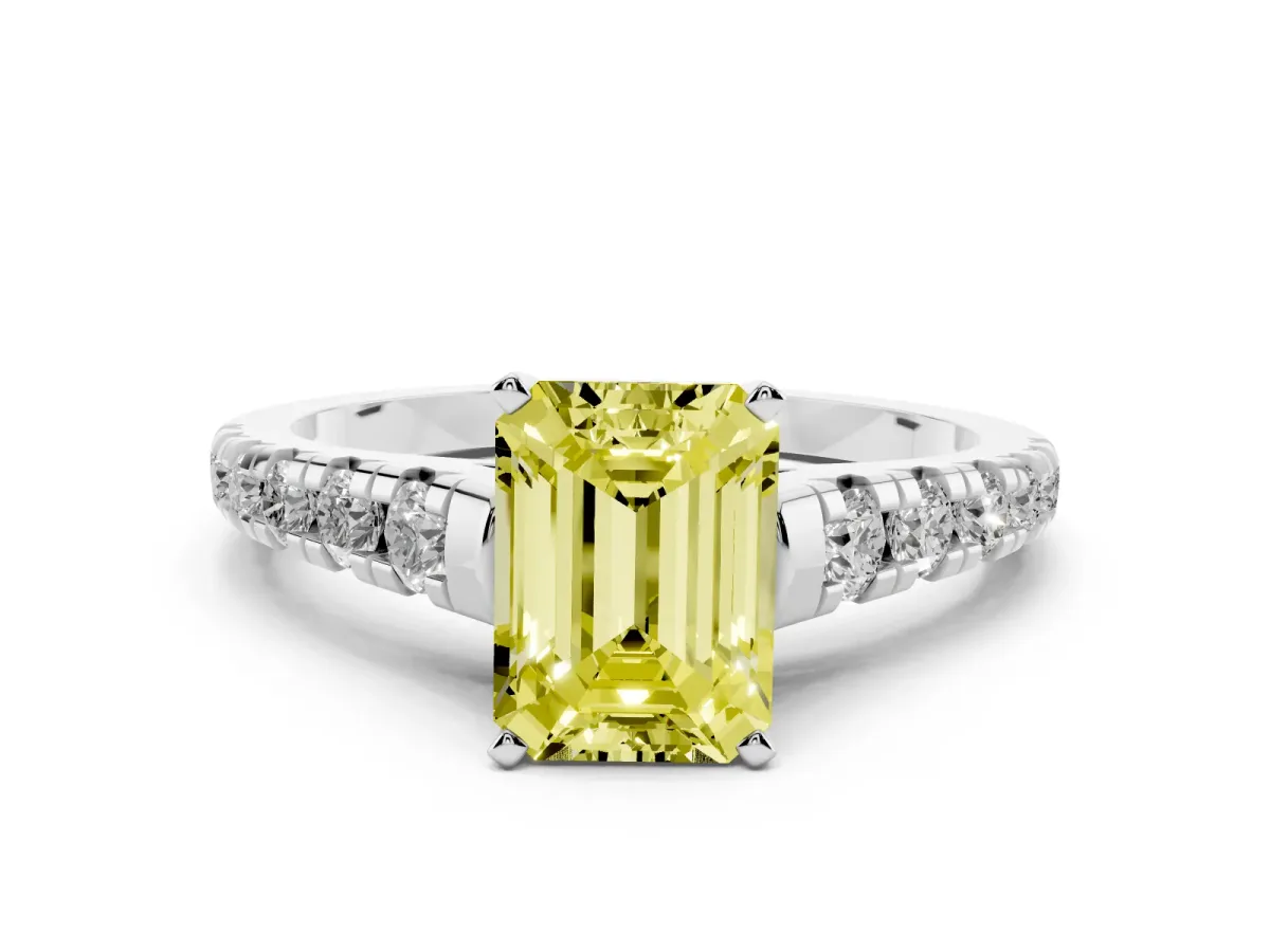 Fancy Yellow Emerald Cut Diamond Cathedral Solitaire Ring with Round Pavé Band Silver
