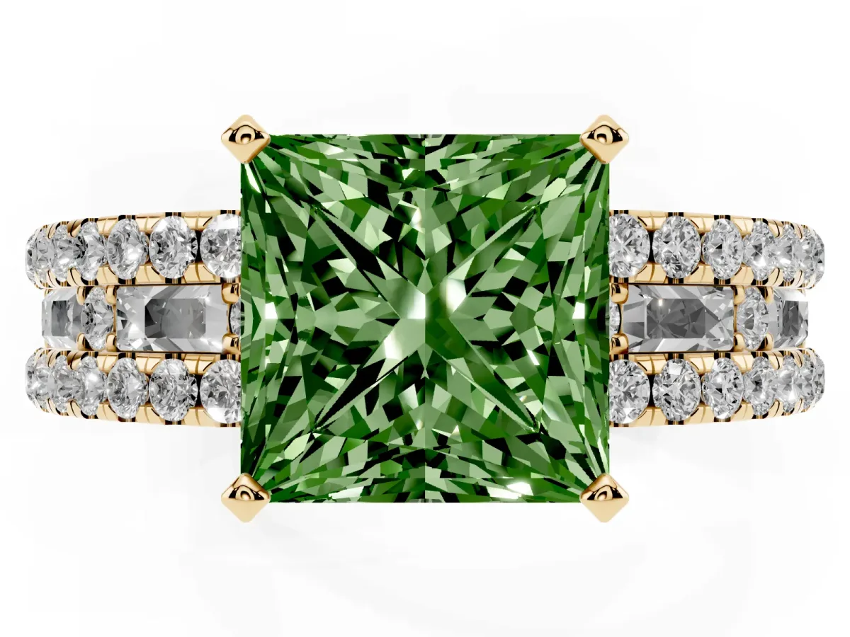 Fancy Green Princess Cut Diamond Solitaire Ring with Pavé and Channel Set Band Yellow gold