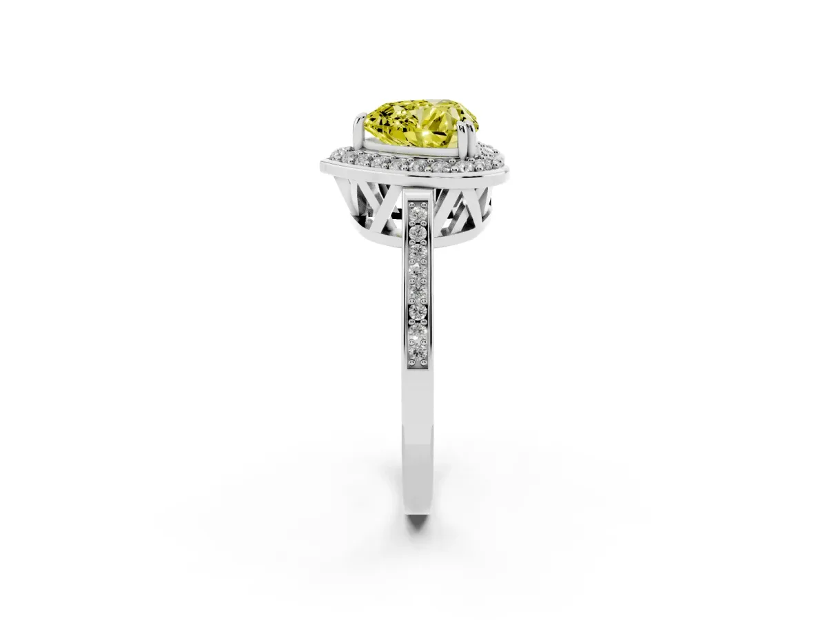 Fancy Yellow Heart Cut Diamond Halo Ring with Split Shank and Four-Prong Setting Silver