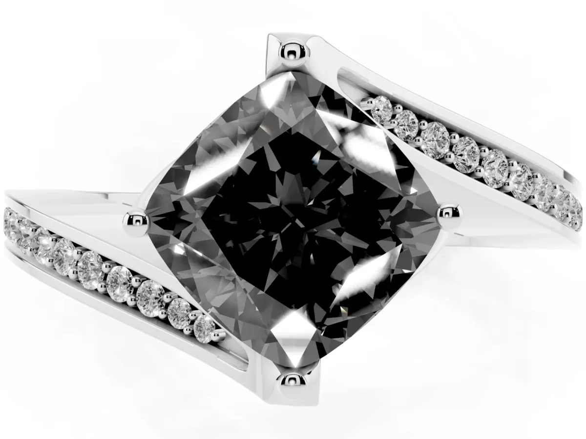 Fancy Black Cushion Cut Solitaire Diamond Twist Band with Pavé Setting and Four-Prong Setting Silver