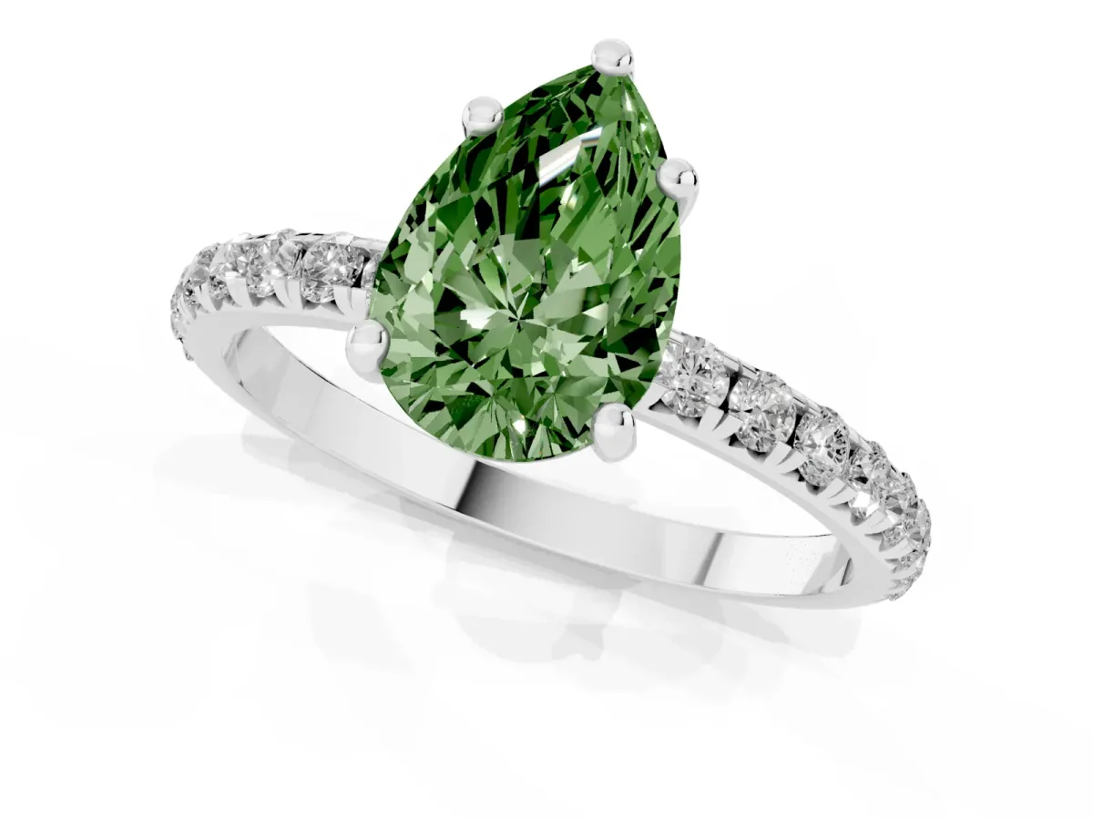 Fancy Green Pear Cut Cut Diamond Solitaire Ring with Micro Pave Band and Four Prong Setting Silver
