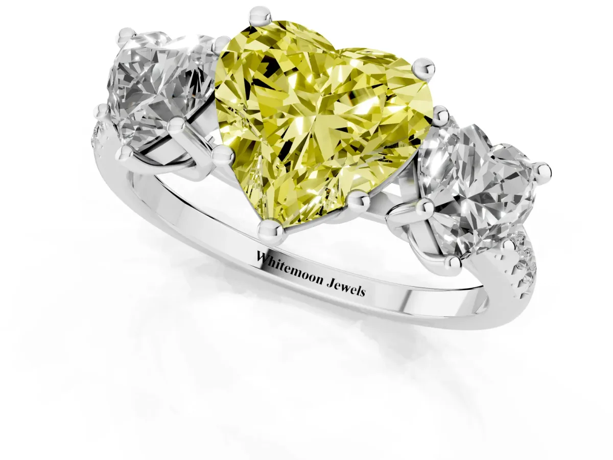 Fancy Yellow Three-Stone Heart Cut Diamond Ring with Round Pavé Band and Prong Setting Silver