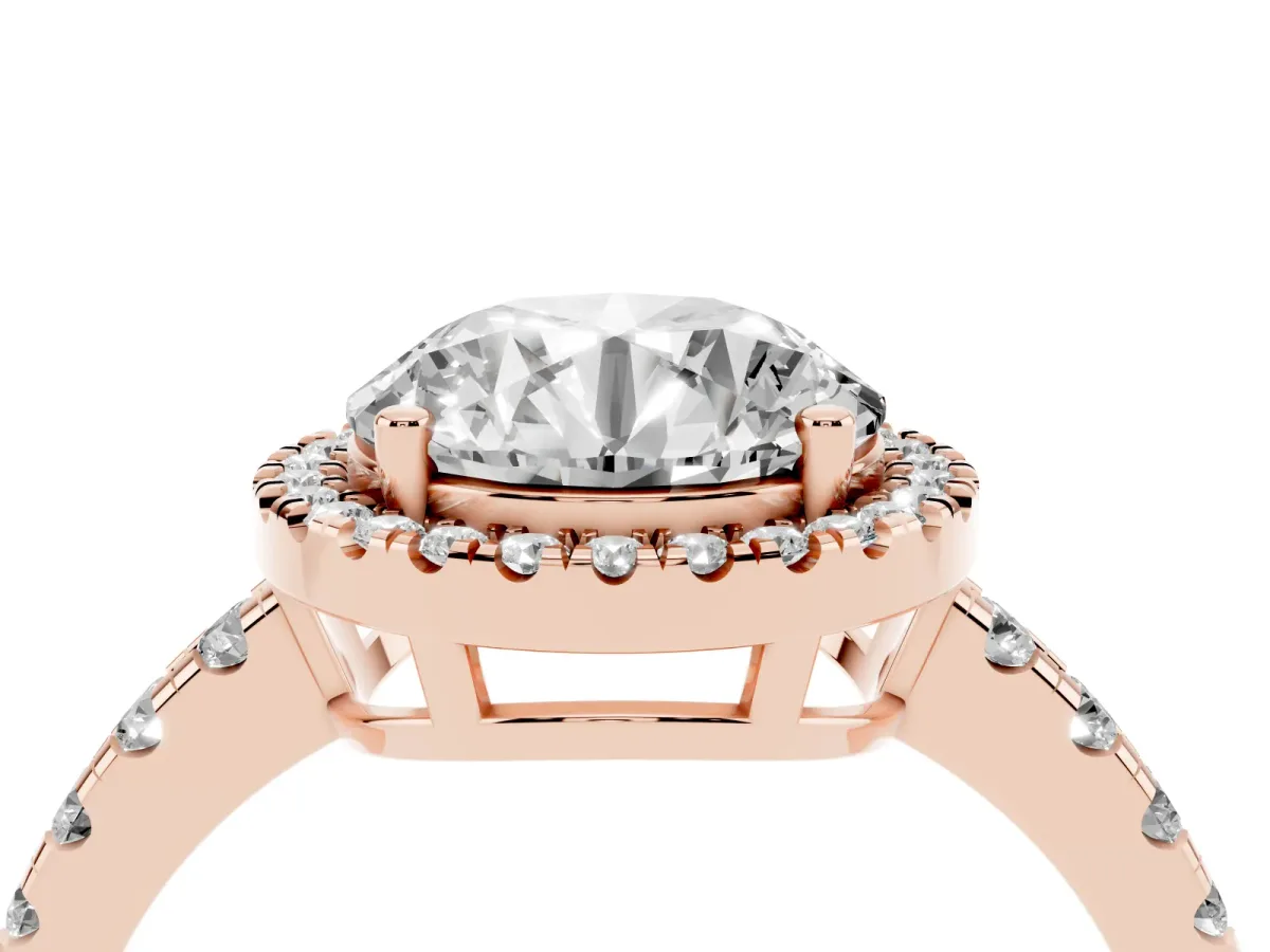 Round Cut Diamond Halo Ring with Pavé Band and Four-Prong Setting Rose gold
