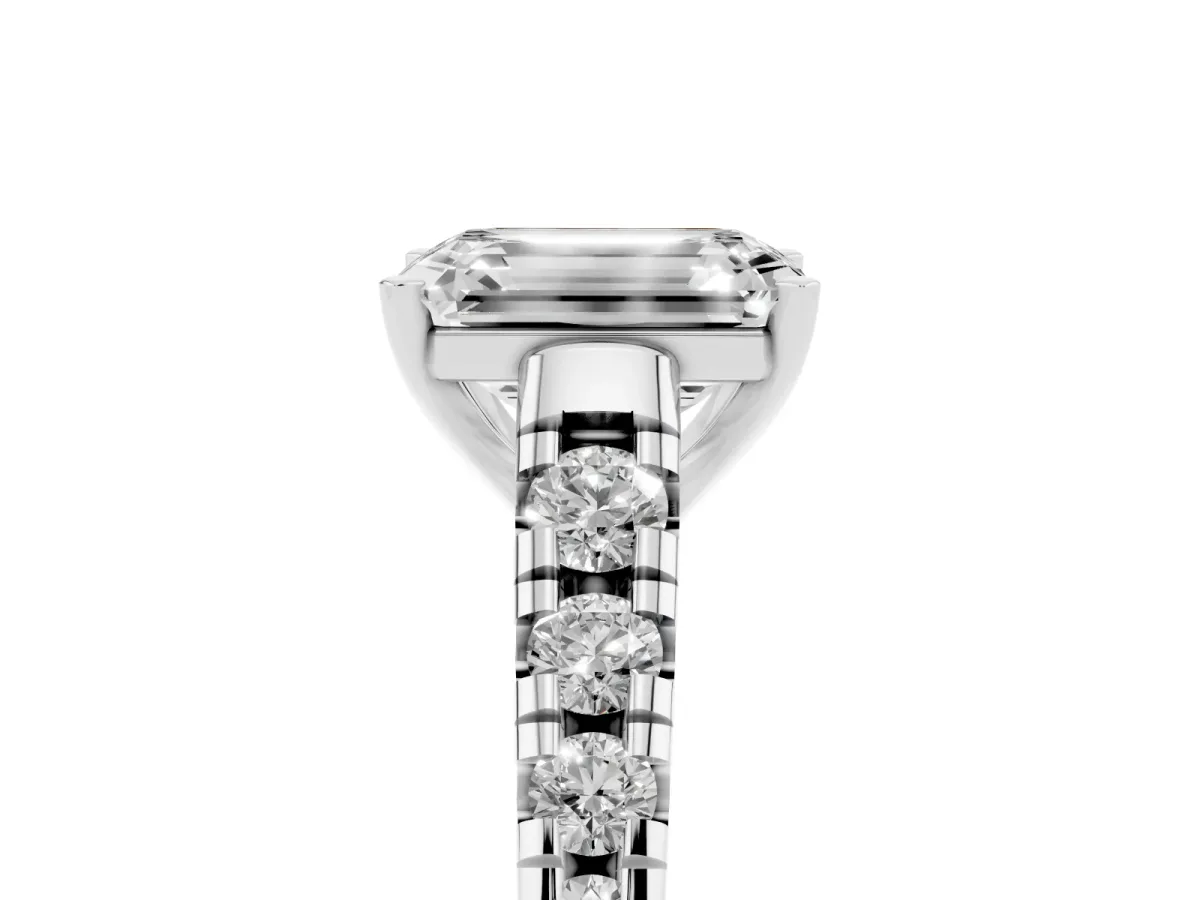 Emerald Cut Diamond Cathedral Solitaire Ring with Round Pavé Band Silver