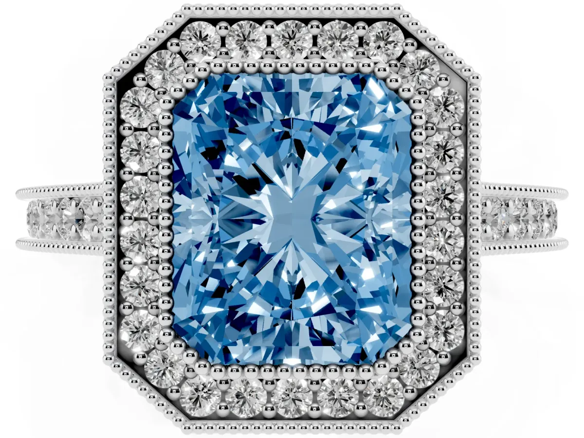 Fancy Blue Halo Radiant Cut-Cut Diamond Pave Band Milgrain Prong Setting Ring Silver