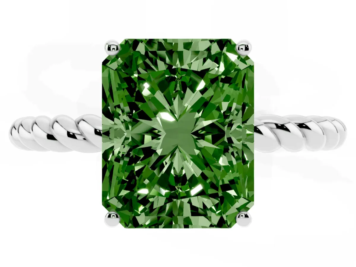 Fancy Green Radiant Cut Solitaire Twist Band Ring with Four-Prong Setting Silver