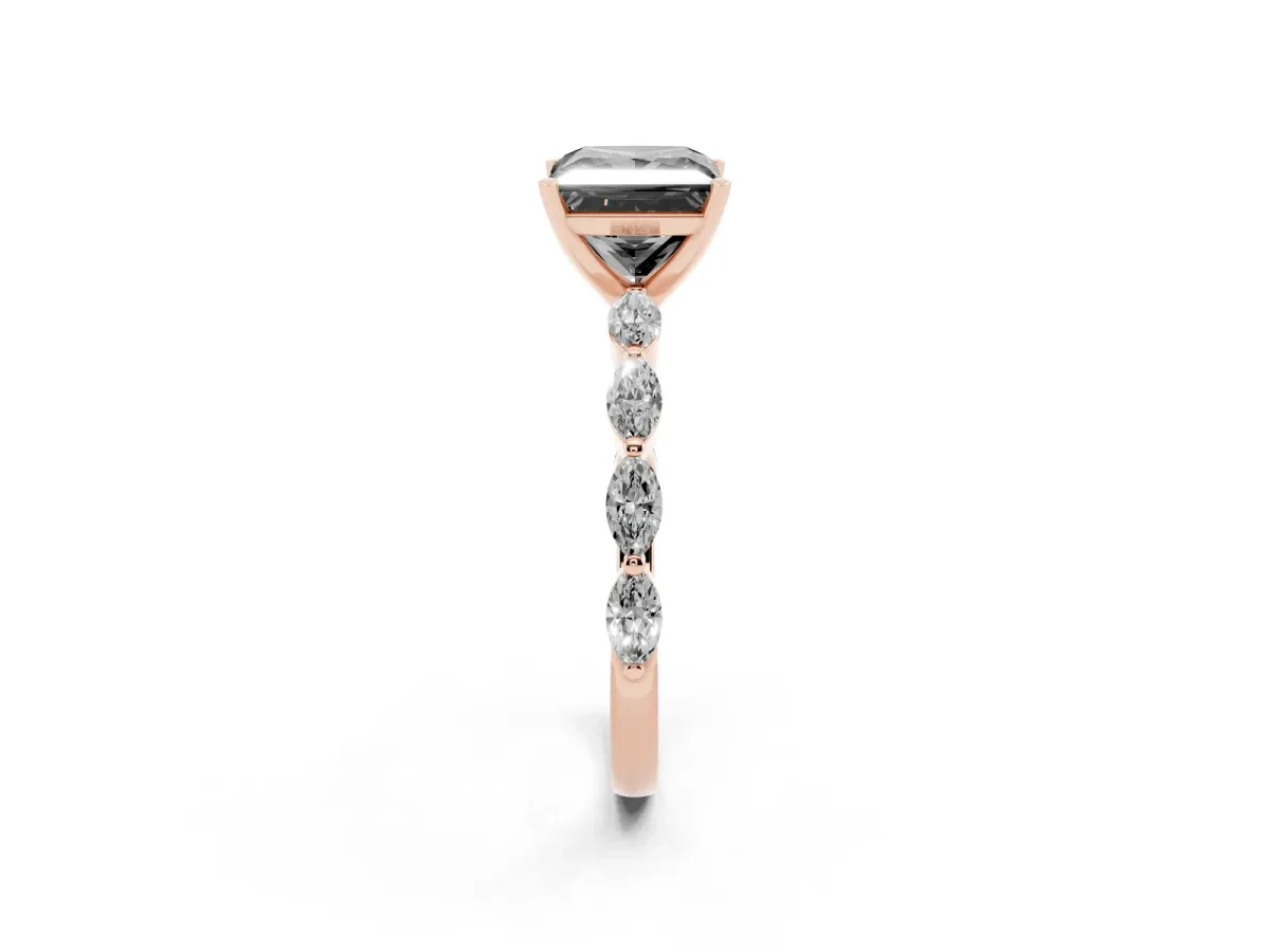 Fancy Black Princess Cut Diamond Ring with Marquise Side Stones and Prong Setting Rose gold