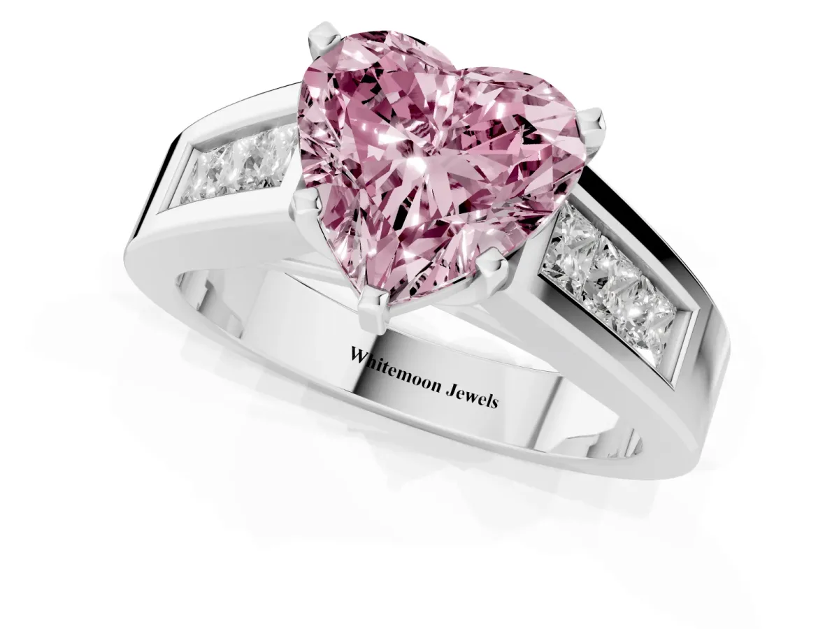 Fancy Pink Heart Cut Cut Channel Set Solitaire Ring with Four-Prong Setting Platinum