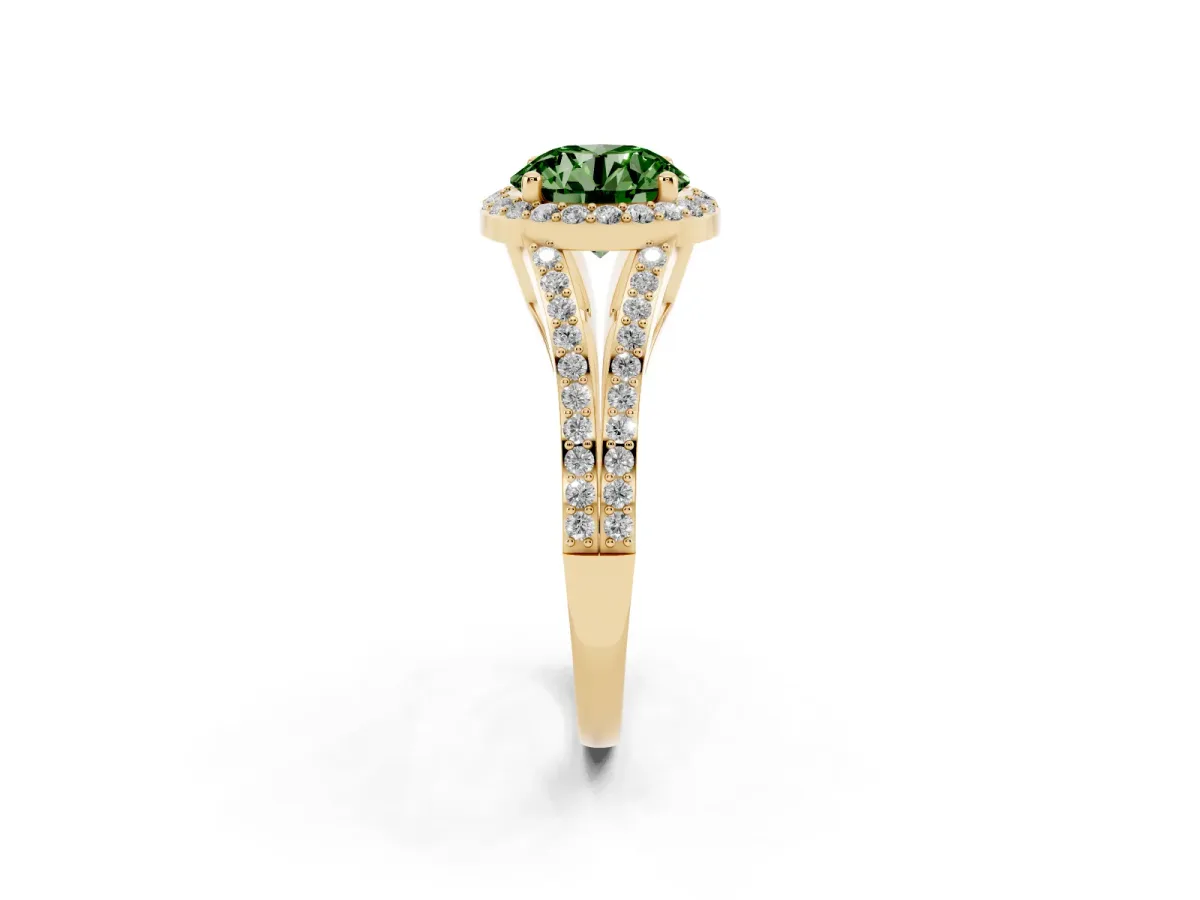 Fancy Green Round Cut Halo Split Shank Diamond Ring with Prong Setting Yellow gold