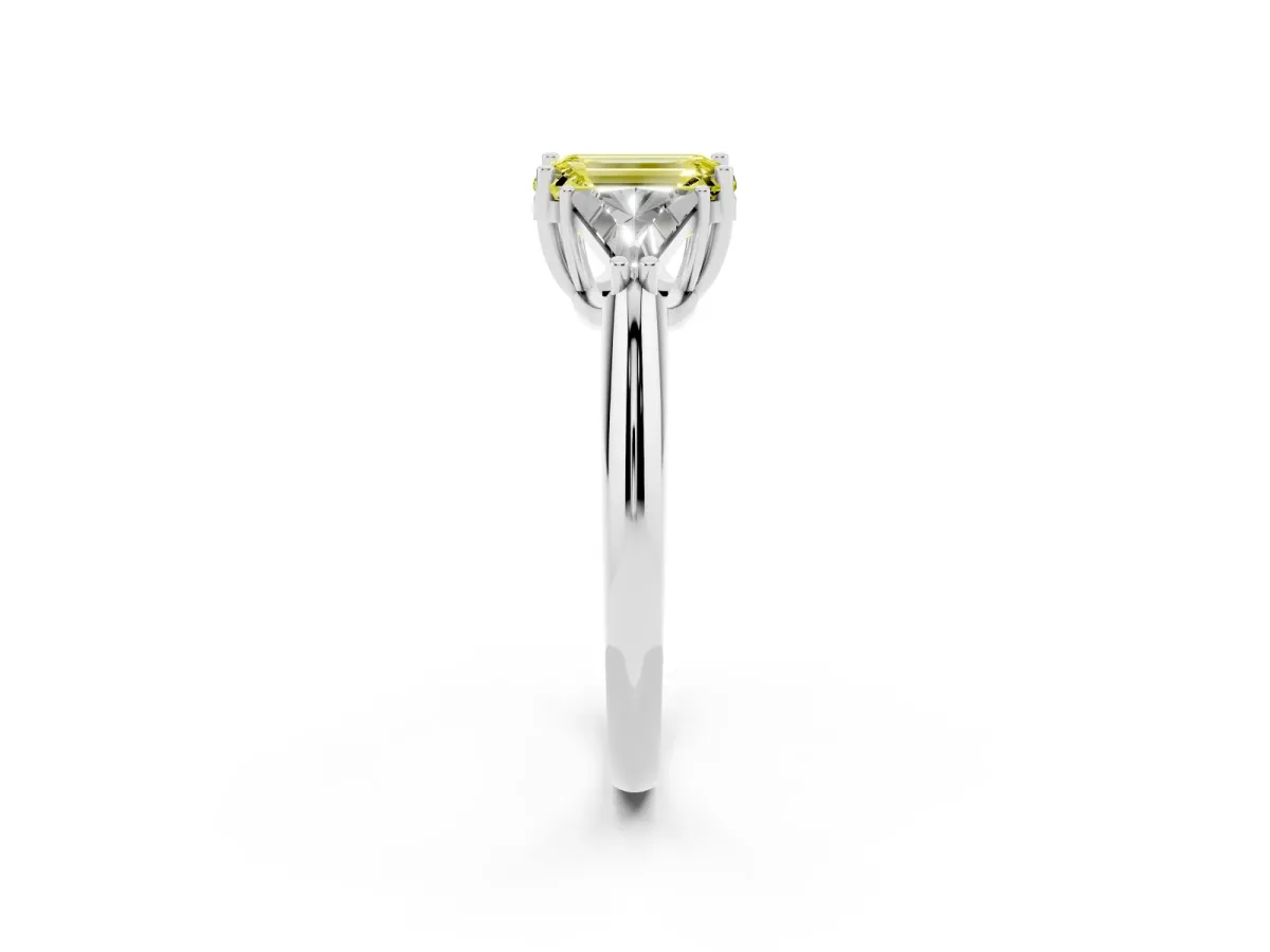 Fancy Yellow Three-Stone Emerald Cut Diamond Engagement Ring with Trillion Side Stones and Prong Setting White gold