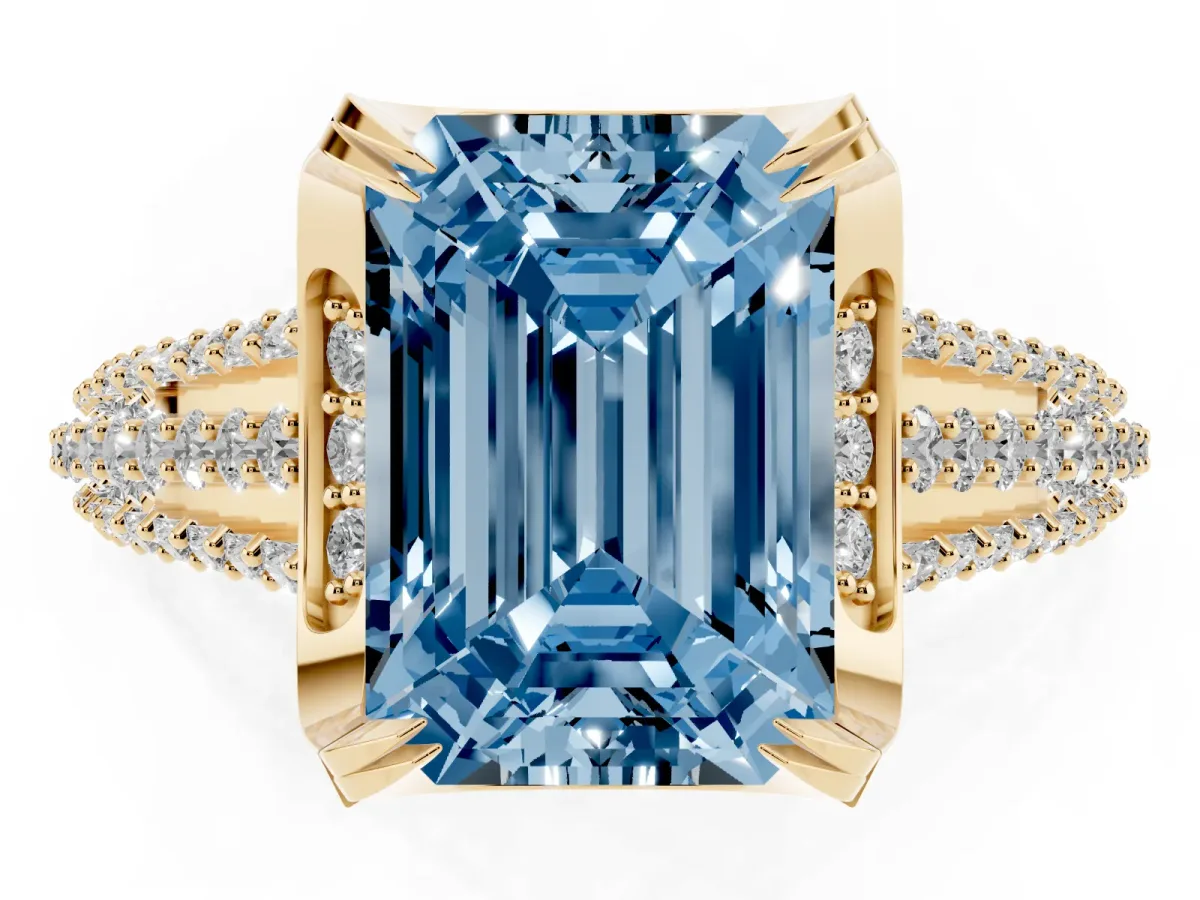 Fancy Blue Emerald Cut Solitaire Pave Split Shank Ring with Four-Prong Setting Yellow gold